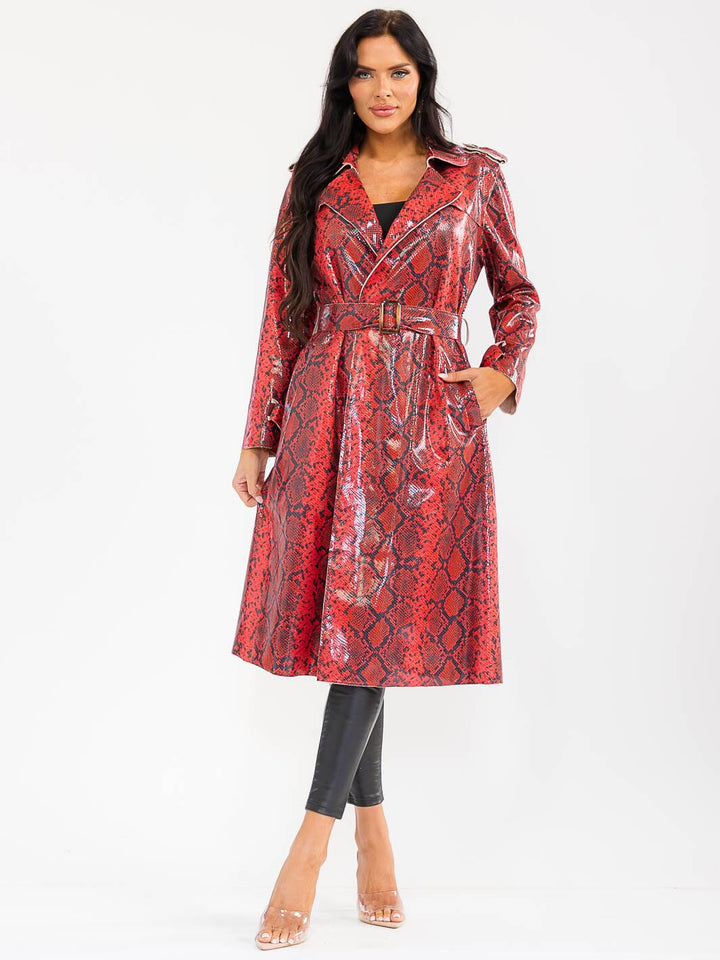 WOMENS'S LONG SLEEVE OPEN FRONT POCKETS SELF TIE ANIMAL PRINT COAT