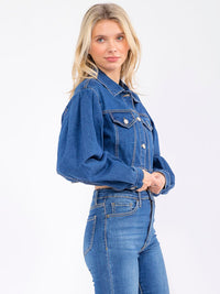 WOMEN'S LONG SLEEVE BUTTON CLOSURE FRONT POCKETS STRETCH DENIM JACKET