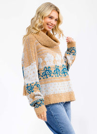 WOMEN'S LONG SLEEVE TURTLE NECK MULTI PRINT PULLOVER SWEATER