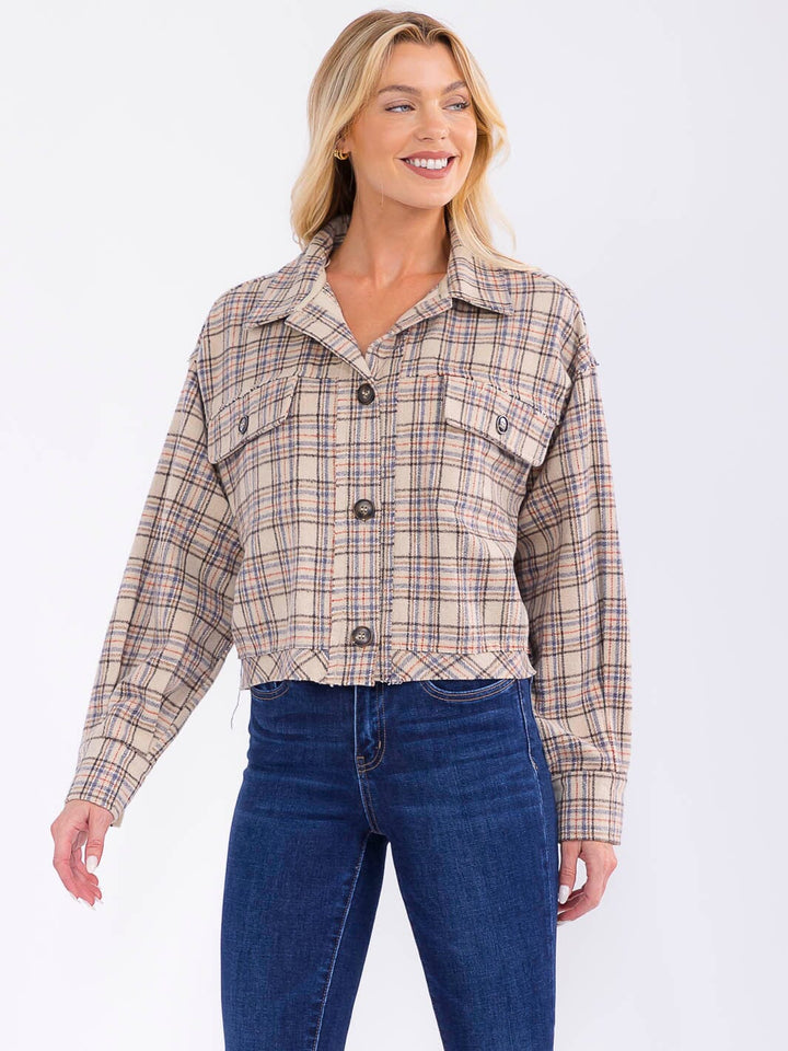 WOMEN'S LONG SLEEVE BUTTON CLOSURE FRONT POCKETS PLAID JACKET