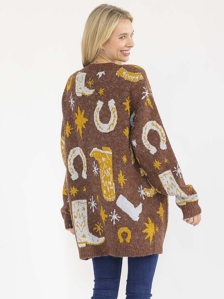 WOMEN'S LONG SLEEVE OPEN FRONT MULTI PRINT SHIMMER CARDIGAN