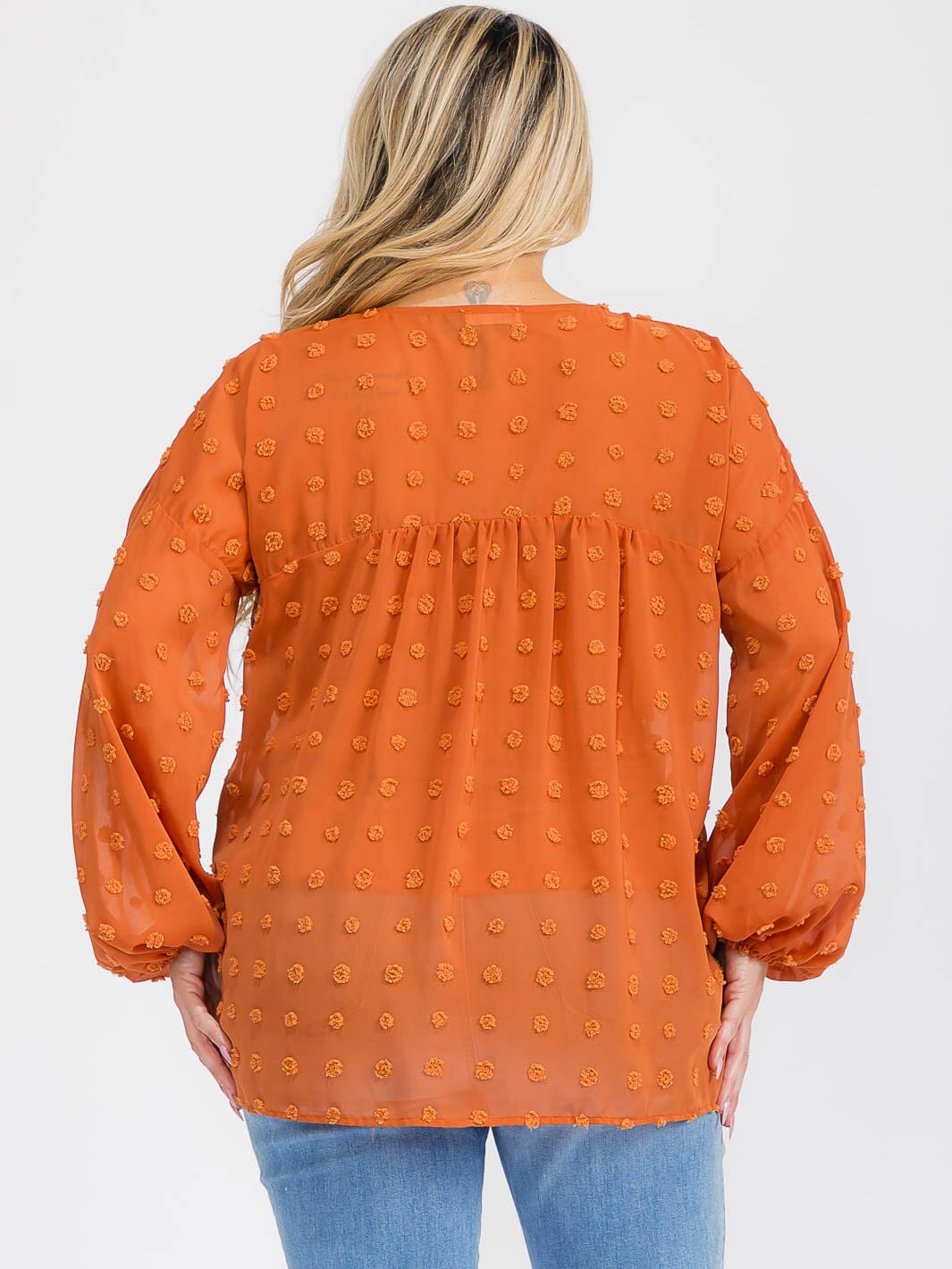 PLUS SIZE LONG SLEEVE V-NECK SWISS DETAILED BLOUSE