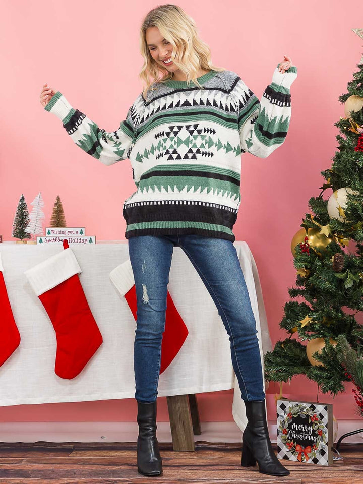 WOMEN'S LONG SLEEVE COLORBLOCK MULTI PRINT PULLOVER SWEATER