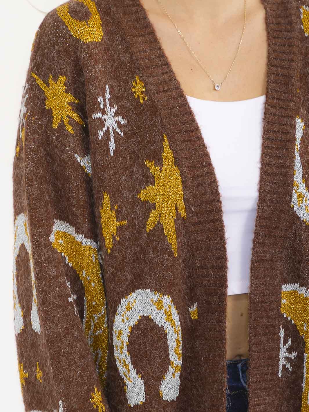 WOMEN'S LONG SLEEVE OPEN FRONT MULTI PRINT SHIMMER CARDIGAN