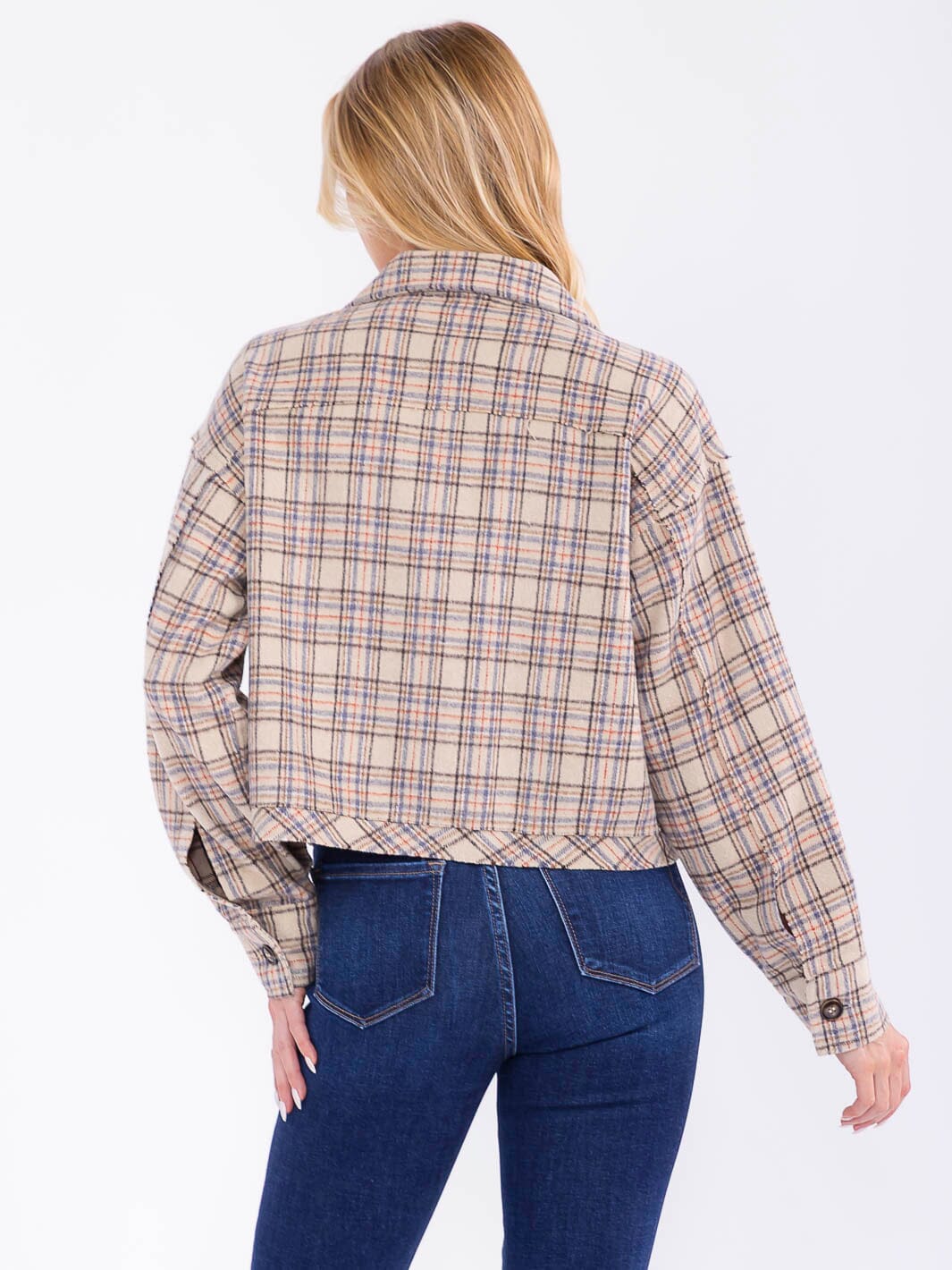 WOMEN'S LONG SLEEVE BUTTON CLOSURE FRONT POCKETS PLAID JACKET