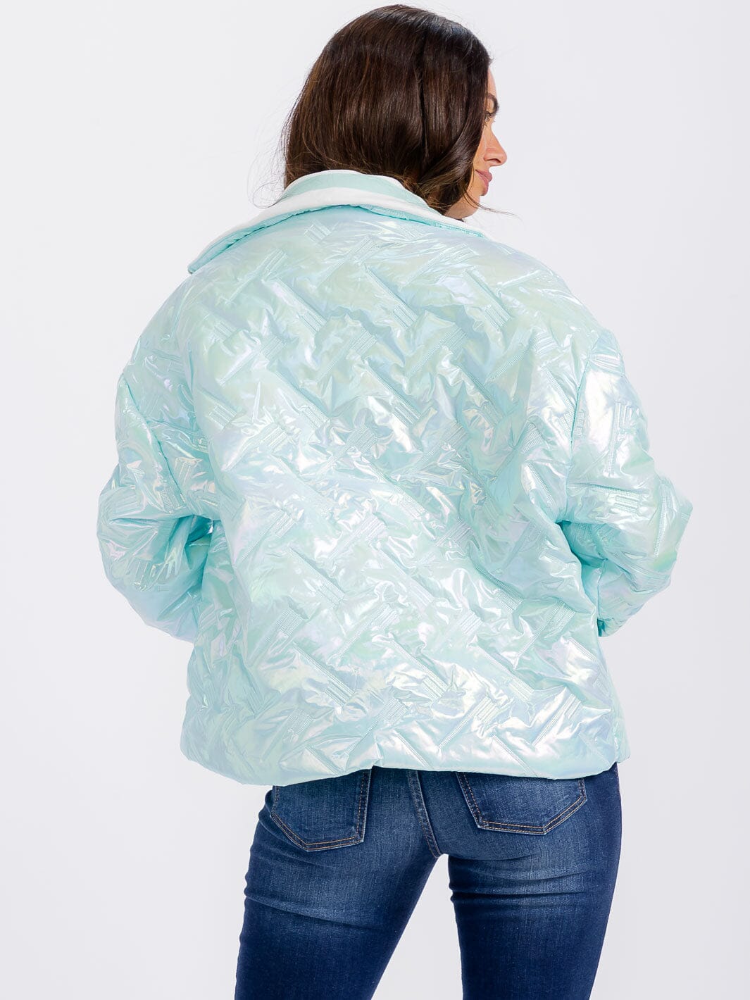 WOMEN'S LONG SLEEVE ZIPPER CLOSURE POCKETS PUFFER METALLIC JACKET