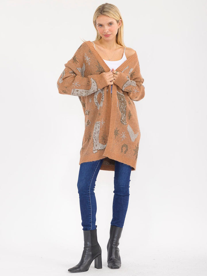 WOMEN'S LONG SLEEVE OPEN FRONT MULTI PRINT SHIMMER CARDIGAN