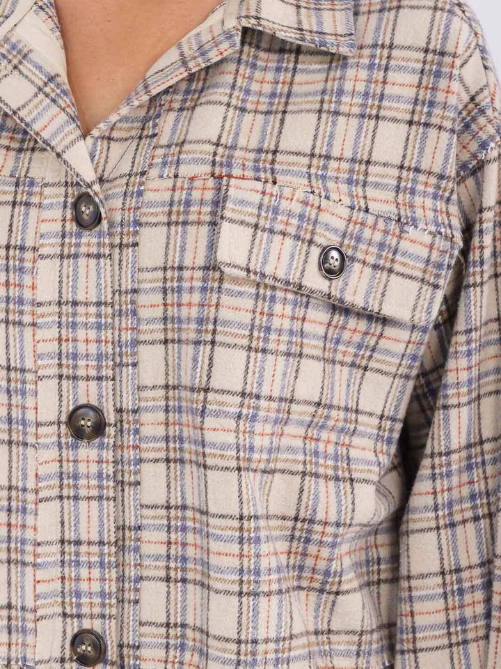 WOMEN'S LONG SLEEVE BUTTON CLOSURE FRONT POCKETS PLAID JACKET