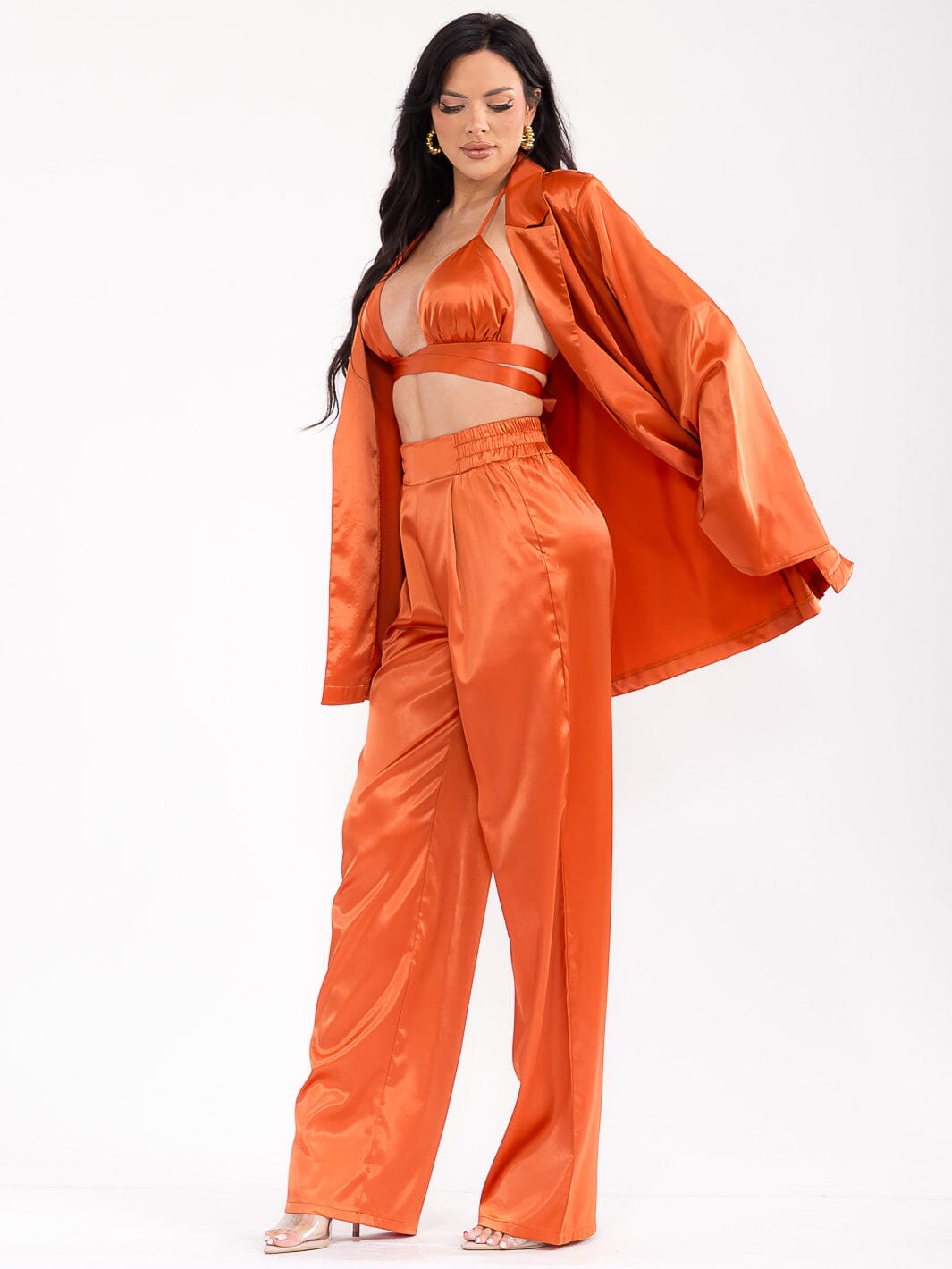 WOMEN'S LONG SLEEVE CARDIGAN WITH BRALETTE & ELASTIC WAIST PANTS SATIN 3PC. SET