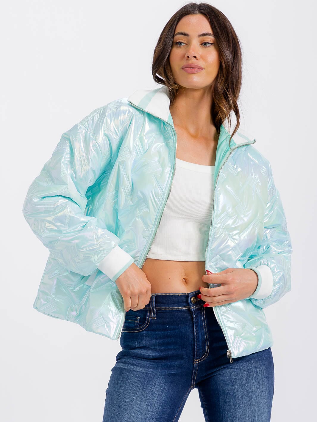 WOMEN'S LONG SLEEVE ZIPPER CLOSURE POCKETS PUFFER METALLIC JACKET