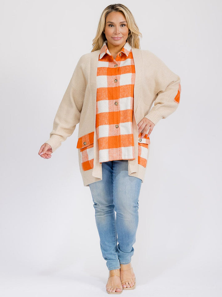 PLUS SIZE LONG SLEEVE BUTTON CLOSURE FRONT POCKETS PLAID CONTRAST CARDIGAN