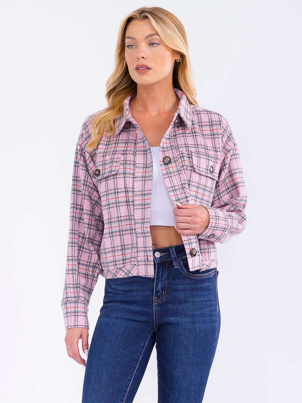 WOMEN'S LONG SLEEVE BUTTON CLOSURE FRONT POCKETS PLAID JACKET