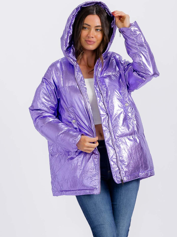 WOMEN'S LONG SLEEVE ZIPPER CLOSURE POCKETS HOODED PUFFER METALLIC JACKET