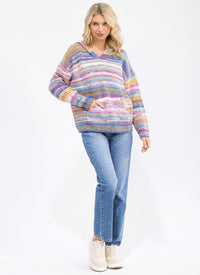 WOMEN'S LONG SLEEVE V-NECK FRONT POCKET MULTI COLOR PULLOVER HOODED SWEATER