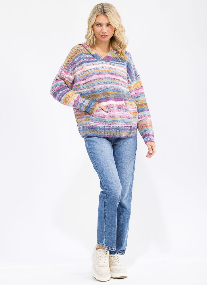 WOMEN'S LONG SLEEVE V-NECK FRONT POCKET MULTI COLOR PULLOVER HOODED SWEATER