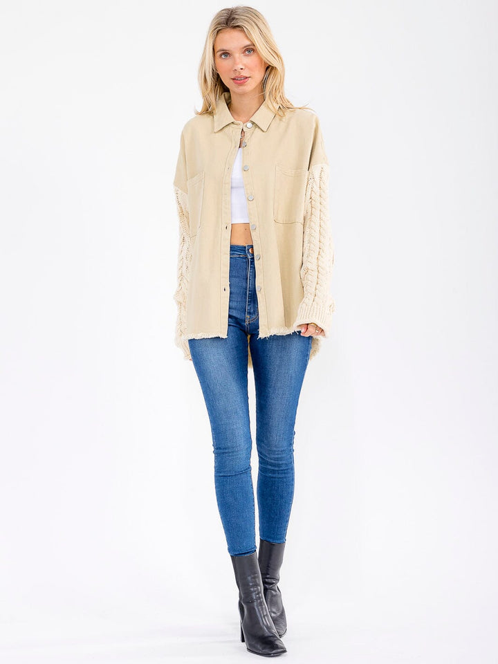 WOMEN'S LONG SLEEVE BUTTON CLOSURE FRONT POCKETS DENIM CONTRAST SHACKET