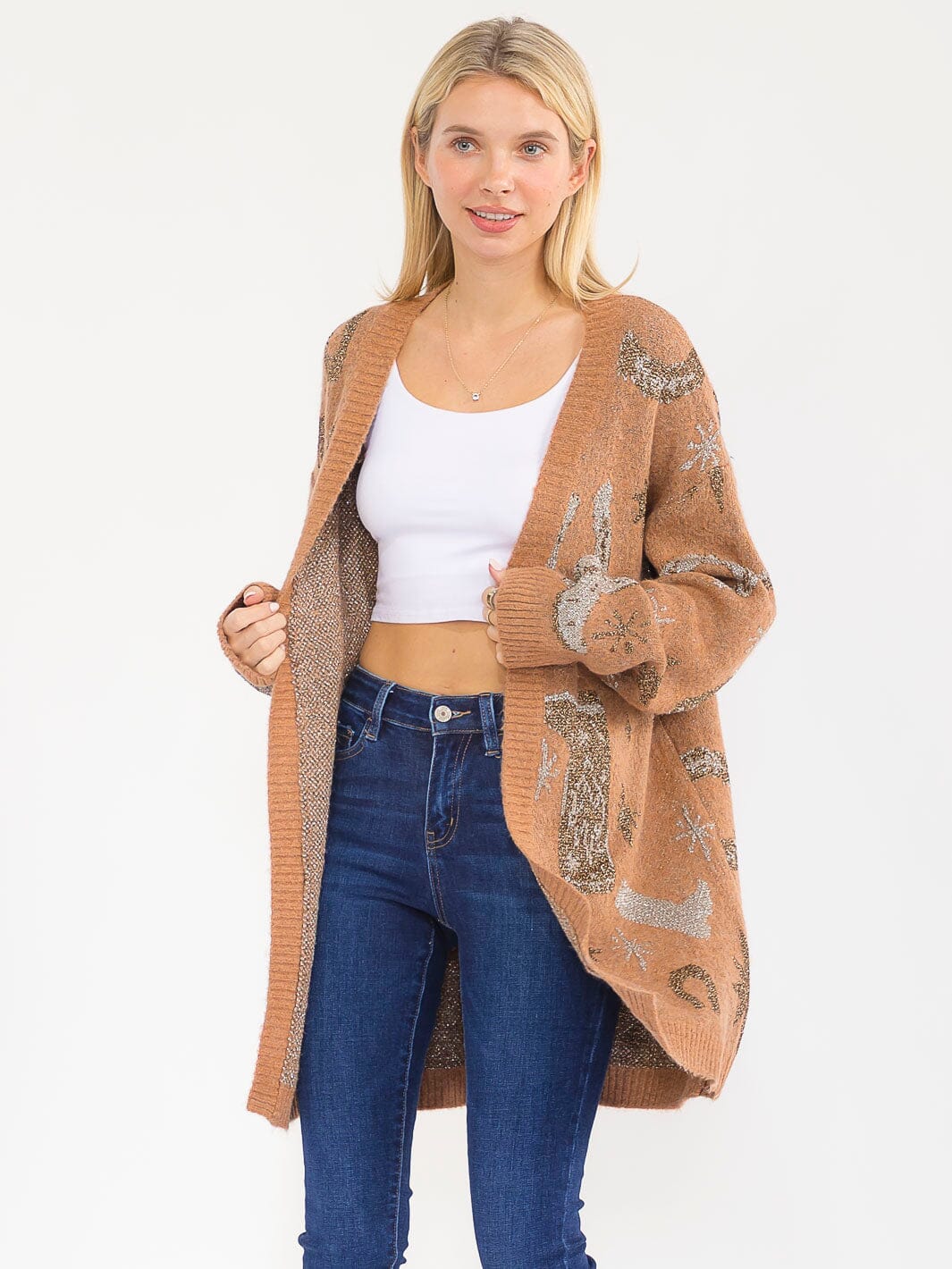 WOMEN'S LONG SLEEVE OPEN FRONT MULTI PRINT SHIMMER CARDIGAN