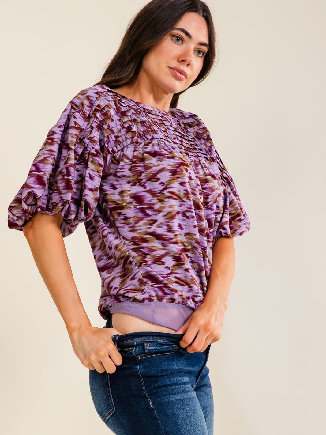 ENTRO WOMEN'S SHORT PUFF SLEEVE MULTI PRINT TIERED BODYSUIT