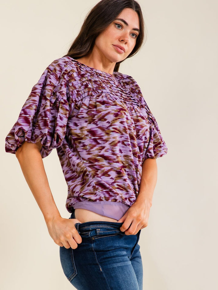 ENTRO WOMEN'S SHORT PUFF SLEEVE MULTI PRINT TIERED BODYSUIT