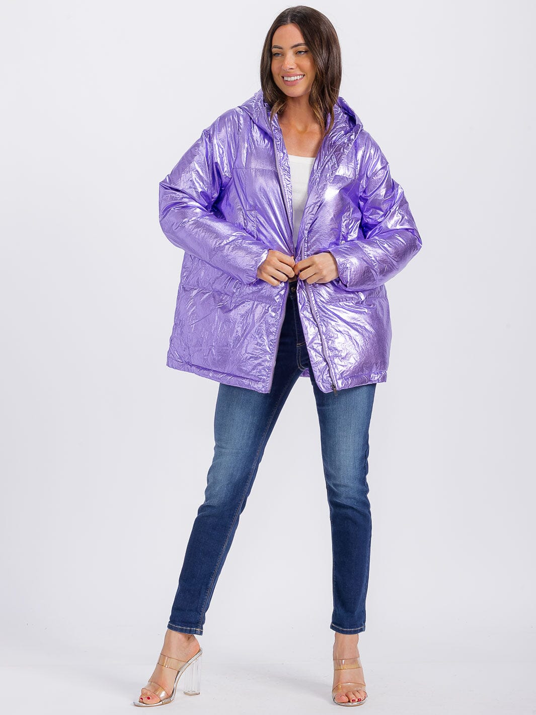 WOMEN'S LONG SLEEVE ZIPPER CLOSURE POCKETS HOODED PUFFER METALLIC JACKET