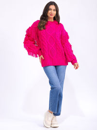 WOMEN'S LONG SLEEVE FRINGE DETAILED PULLOVER SWEATER