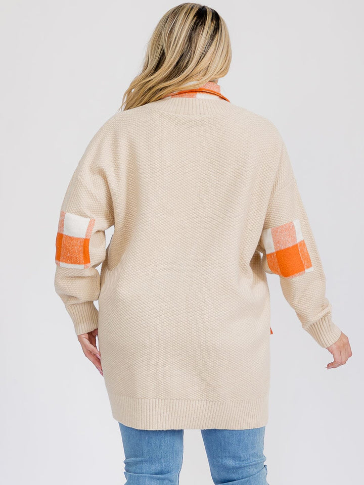 PLUS SIZE LONG SLEEVE BUTTON CLOSURE FRONT POCKETS PLAID CONTRAST CARDIGAN