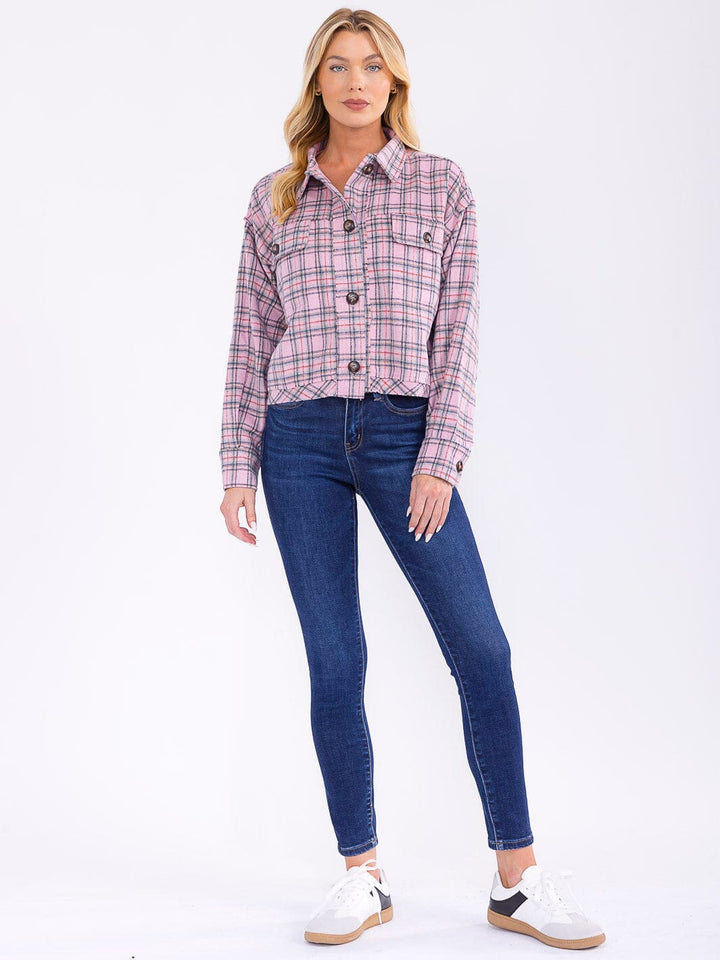 WOMEN'S LONG SLEEVE BUTTON CLOSURE FRONT POCKETS PLAID JACKET