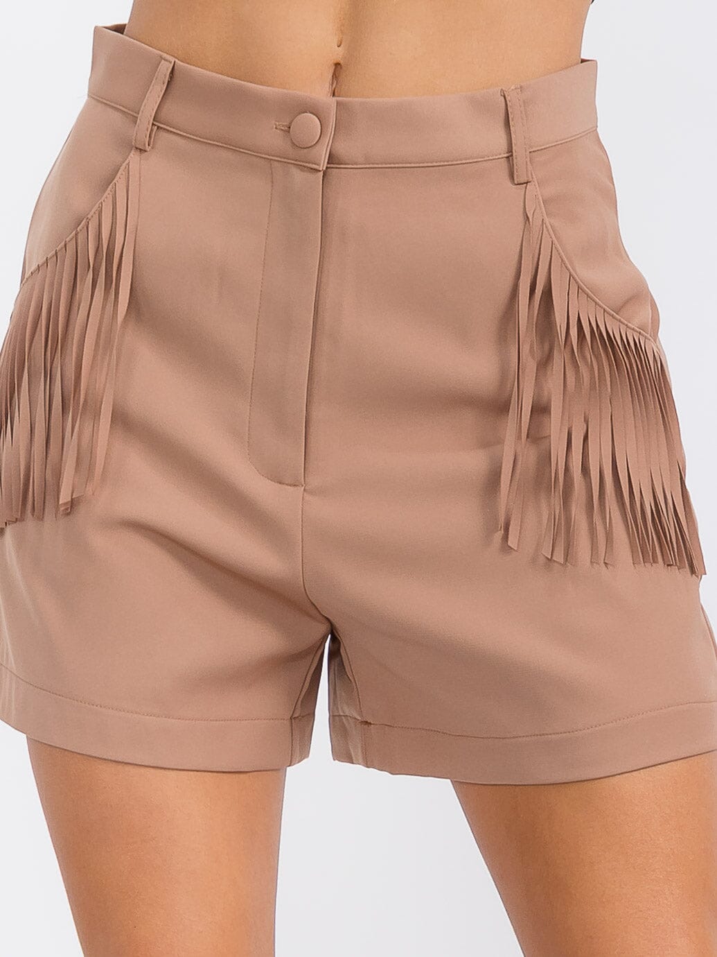 WOMEN'S BUTTON CLOSURE POCKETS FRINGE DETAILED MINI SHORT