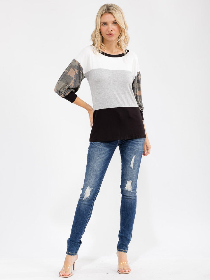 WOMEN'S 3/4 SLEEVE COLORBLOCK CONTRAST CAMO PRINT TOP