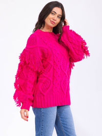 WOMEN'S LONG SLEEVE FRINGE DETAILED PULLOVER SWEATER