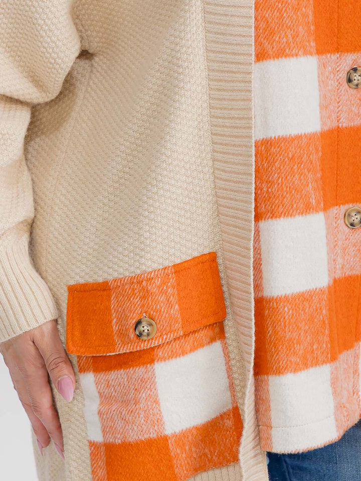 PLUS SIZE LONG SLEEVE BUTTON CLOSURE FRONT POCKETS PLAID CONTRAST CARDIGAN