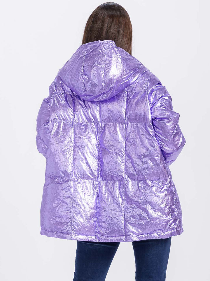 WOMEN'S LONG SLEEVE ZIPPER CLOSURE POCKETS HOODED PUFFER METALLIC JACKET