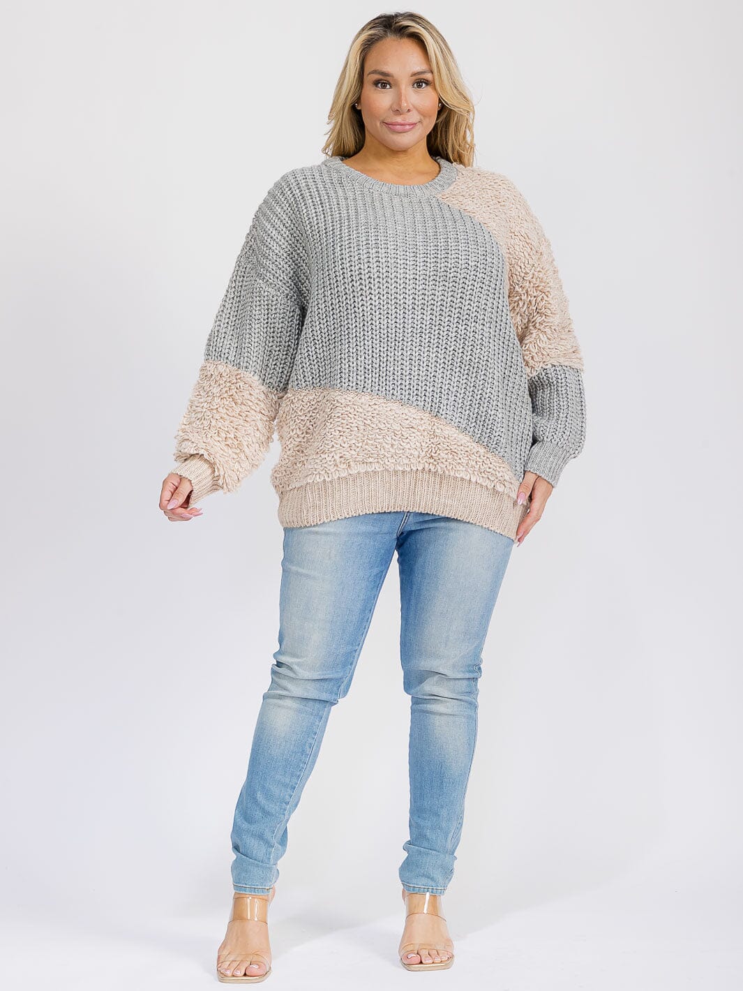 PLUS SIZE LONG SLEEVE COLORBLOCK CONTRAST PULLOVER SWEATER