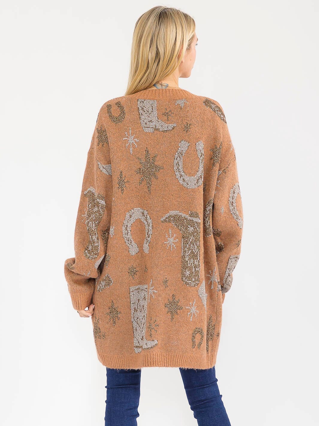 WOMEN'S LONG SLEEVE OPEN FRONT MULTI PRINT SHIMMER CARDIGAN