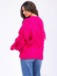 WOMEN'S LONG SLEEVE FRINGE DETAILED PULLOVER SWEATER