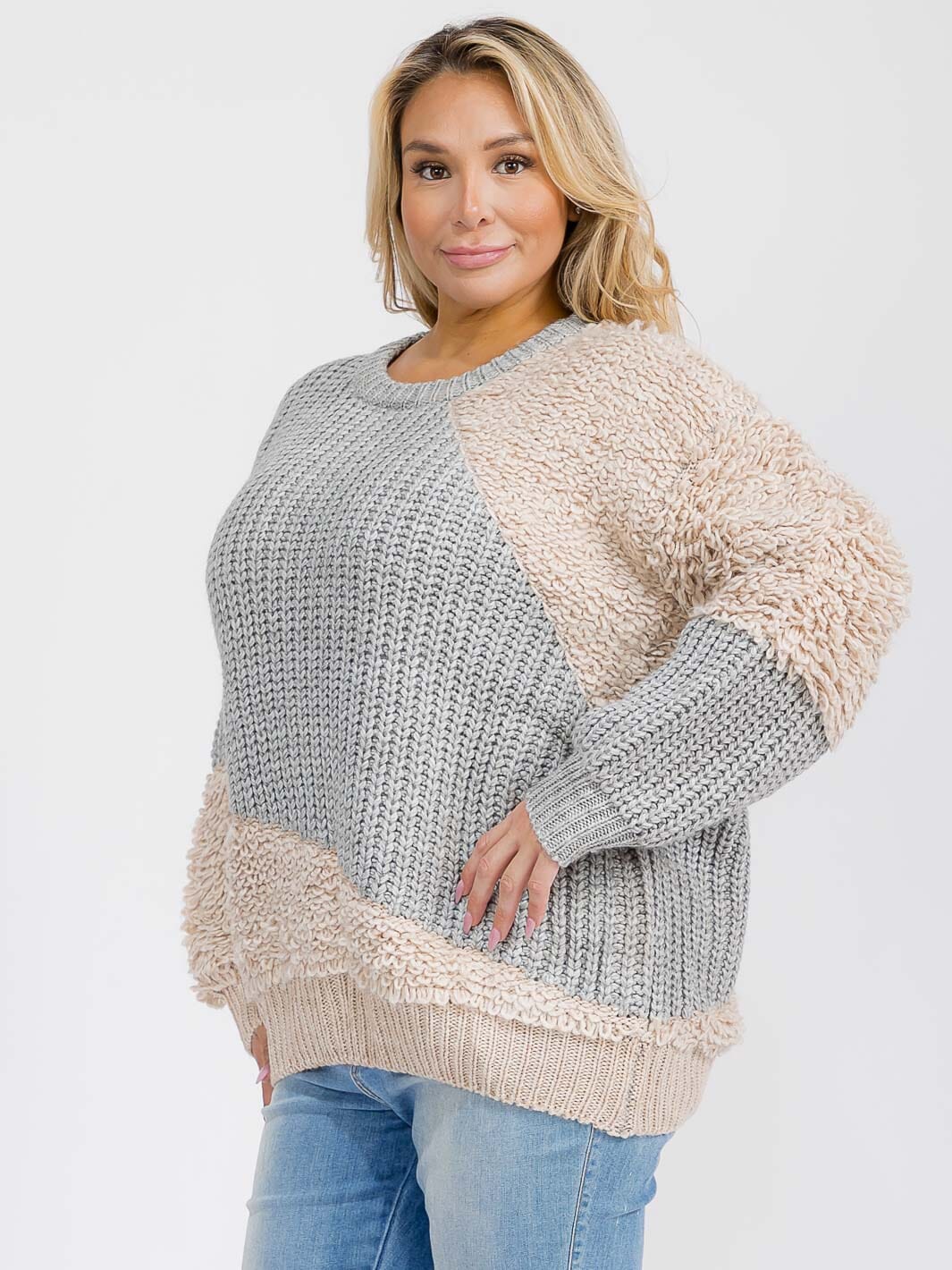 PLUS SIZE LONG SLEEVE COLORBLOCK CONTRAST PULLOVER SWEATER
