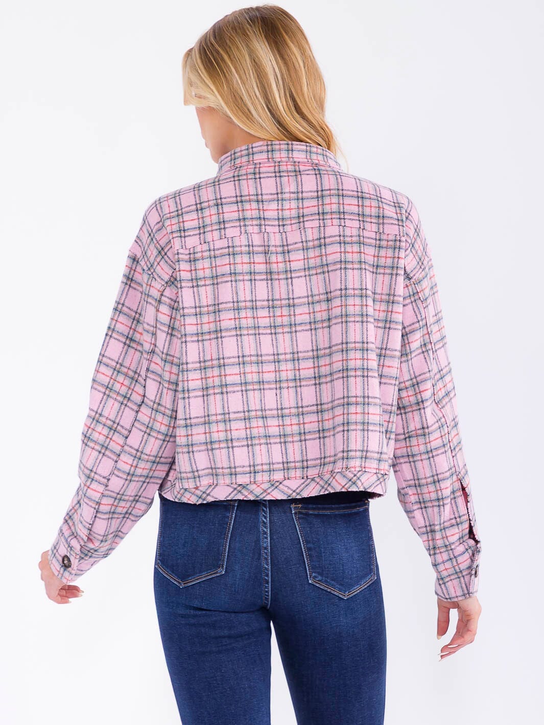 WOMEN'S LONG SLEEVE BUTTON CLOSURE FRONT POCKETS PLAID JACKET