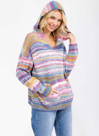 WOMEN'S LONG SLEEVE V-NECK FRONT POCKET MULTI COLOR PULLOVER HOODED SWEATER