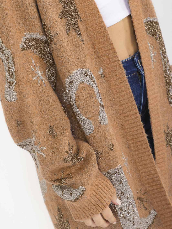 WOMEN'S LONG SLEEVE OPEN FRONT MULTI PRINT SHIMMER CARDIGAN