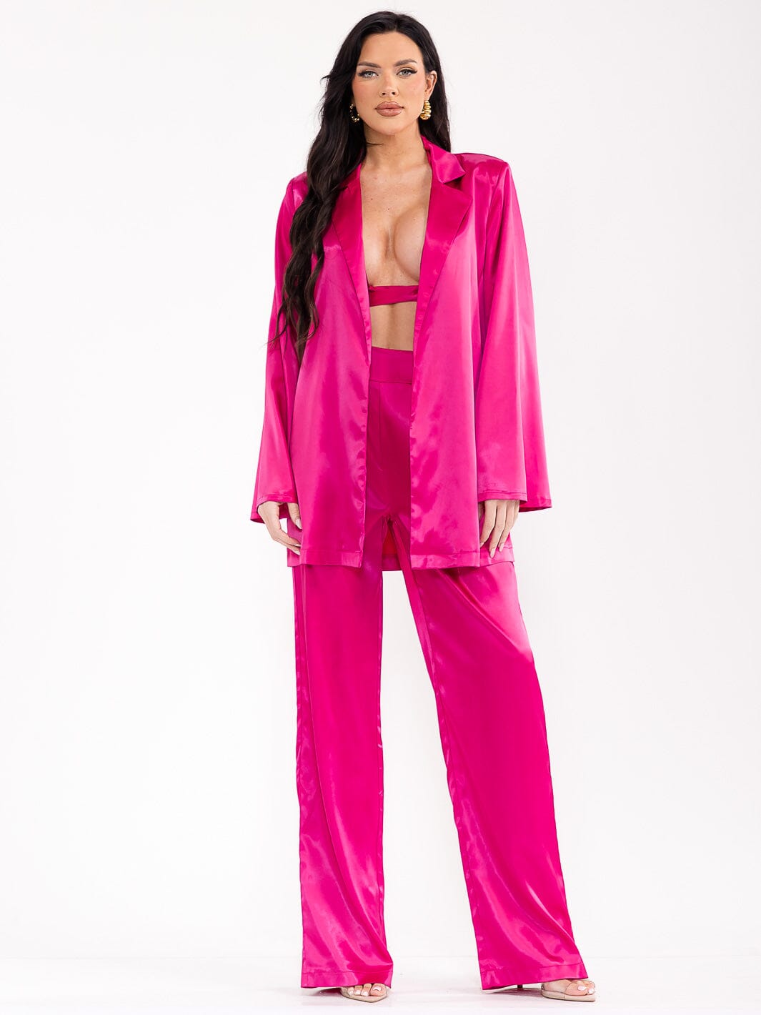 WOMEN'S LONG SLEEVE CARDIGAN WITH BRALETTE & ELASTIC WAIST PANTS SATIN 3PC. SET