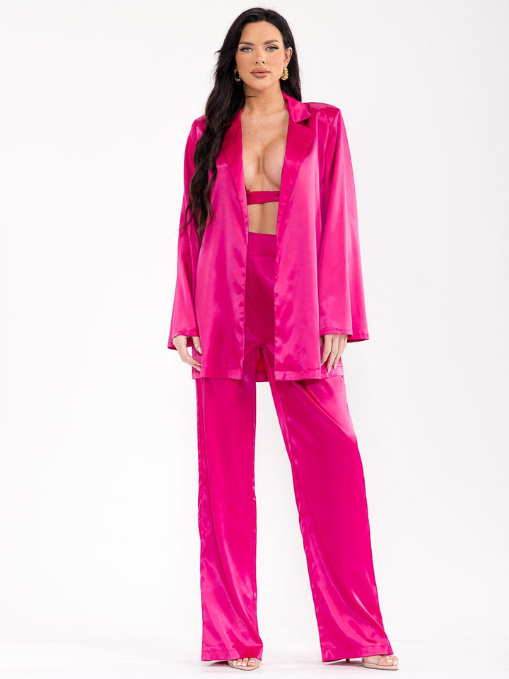 WOMEN'S LONG SLEEVE CARDIGAN WITH BRALETTE & ELASTIC WAIST PANTS SATIN 3PC. SET