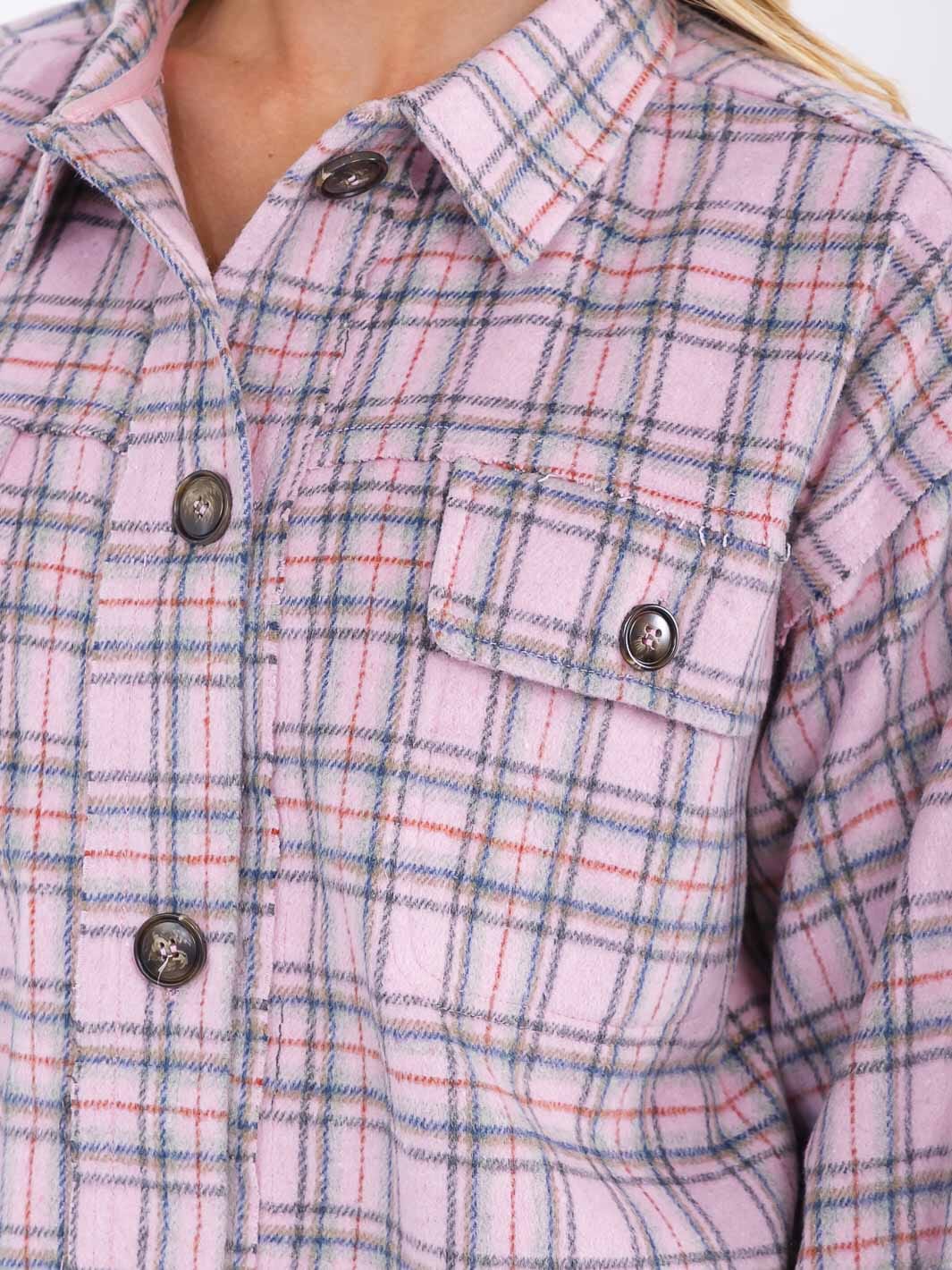 WOMEN'S LONG SLEEVE BUTTON CLOSURE FRONT POCKETS PLAID JACKET