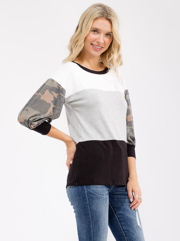WOMEN'S 3/4 SLEEVE COLORBLOCK CONTRAST CAMO PRINT TOP