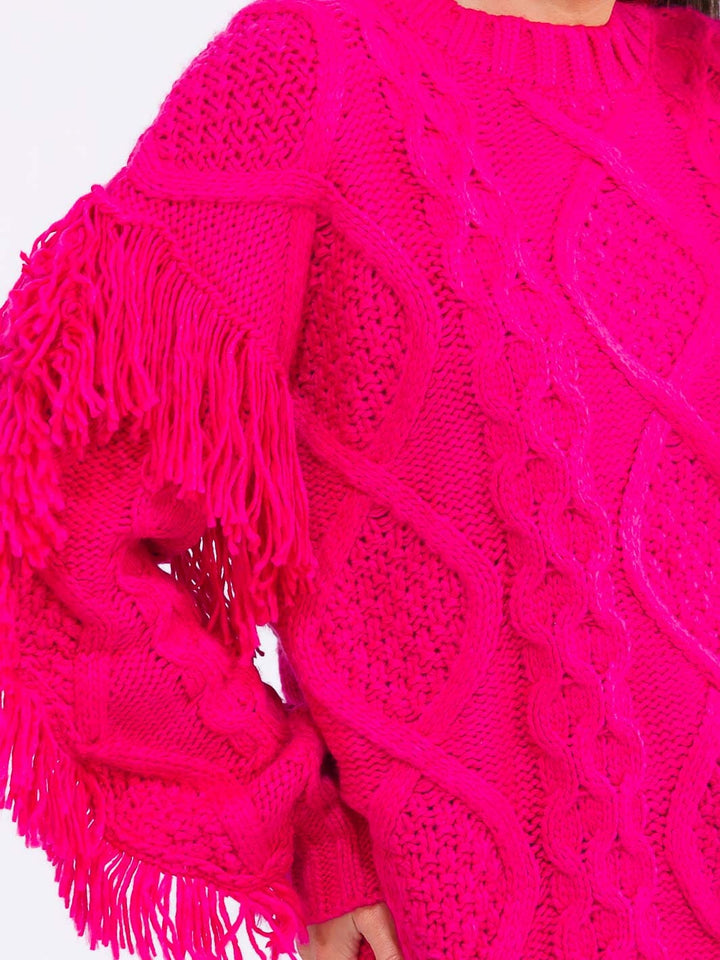 WOMEN'S LONG SLEEVE FRINGE DETAILED PULLOVER SWEATER