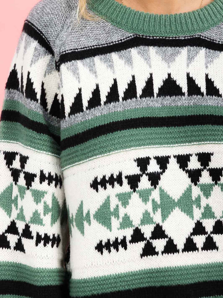 WOMEN'S LONG SLEEVE COLORBLOCK MULTI PRINT PULLOVER SWEATER