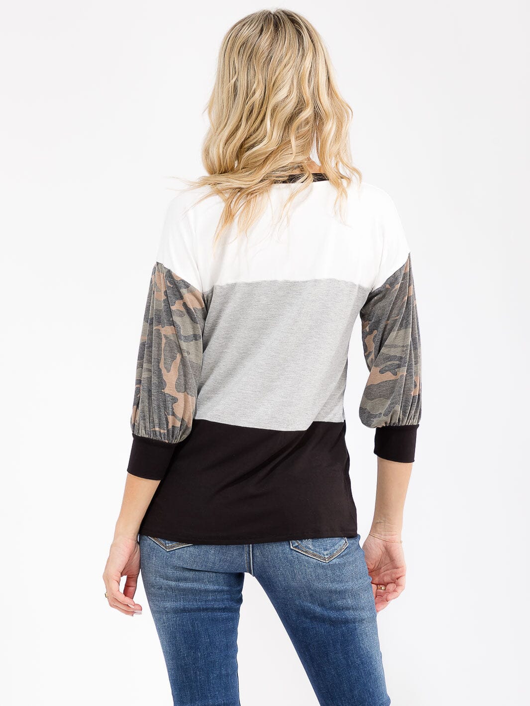 WOMEN'S 3/4 SLEEVE COLORBLOCK CONTRAST CAMO PRINT TOP