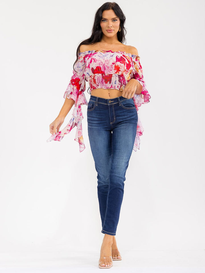 WOMEN'S OFF SHOULDER LONG BELL SLEEVE SMOCK WAIST FLORAL CROP TOP