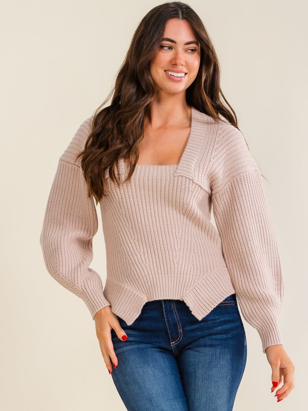 ENTRO WOMEN'S LONG SLEEVE SQUARE NECK KNIT PULLOVER SWEATER