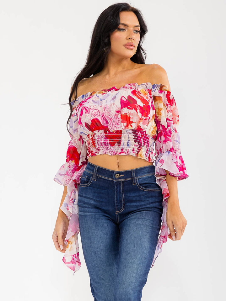 WOMEN'S OFF SHOULDER LONG BELL SLEEVE SMOCK WAIST FLORAL CROP TOP