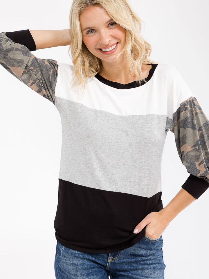 WOMEN'S 3/4 SLEEVE COLORBLOCK CONTRAST CAMO PRINT TOP